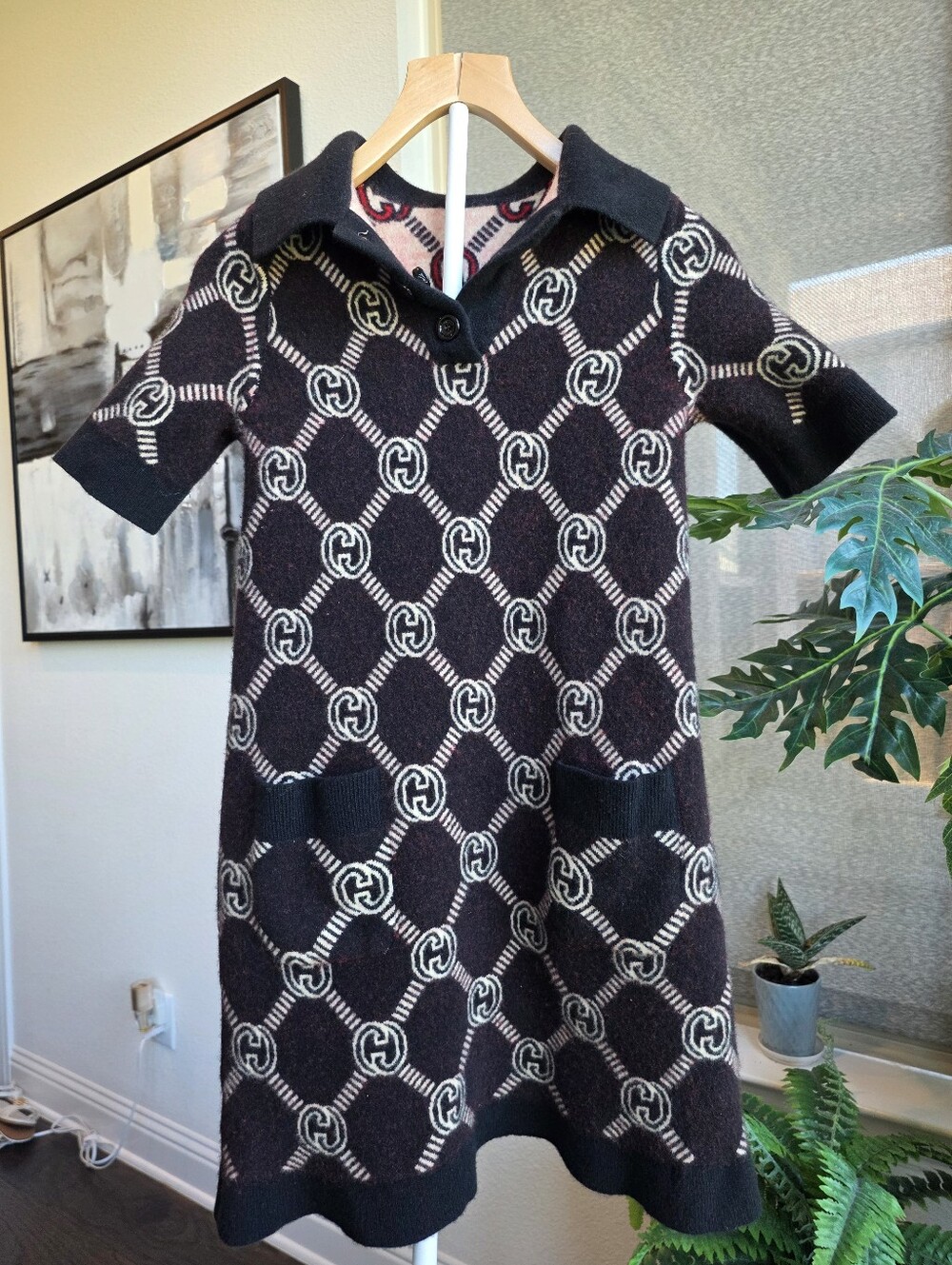 Gucci Wool Dress Double Sided Black and Cream Short Sleeve Collared Dress